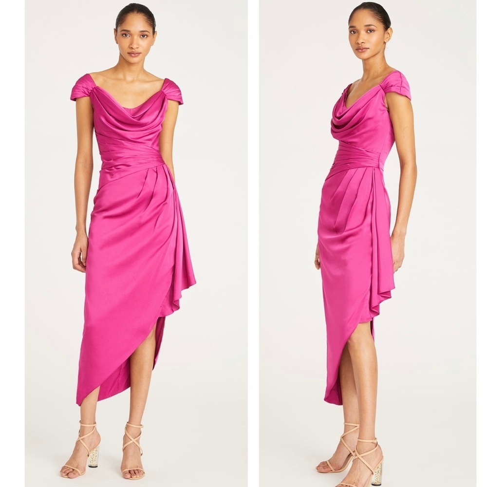 THEIA Ellery Women’s Satin Draped Asymmetric Pleated Cowl Neck Cocktail Dress